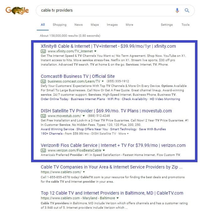 Lista de anunciantes de televisión por cable en Google