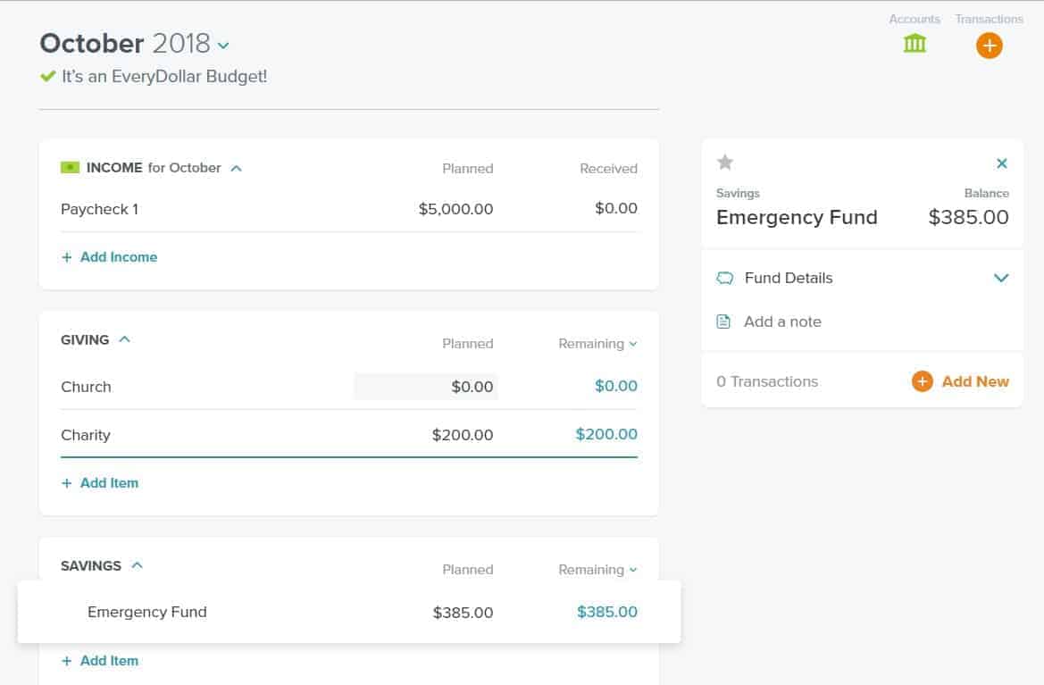 Tablero principal de Everydollar