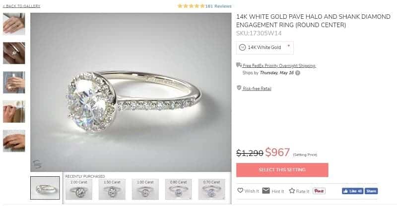 ANILLO DE COMPROMISO DE DIAMANTE CON HALO Y VASTA EN ORO BLANCO DE 14K (CENTRO REDONDO)