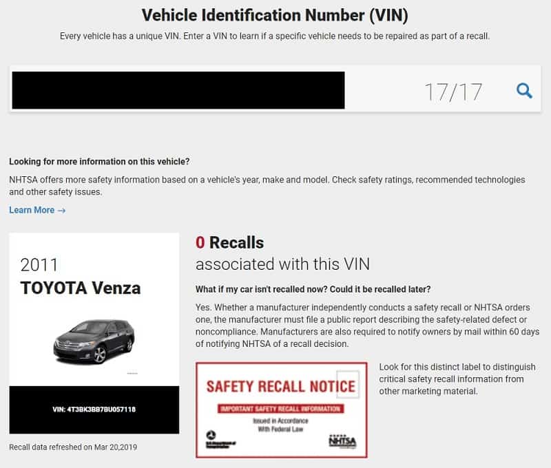 Resultados de búsqueda de la NHTSA para el Toyota Venza 2011